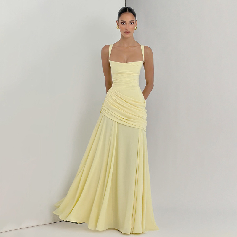 2026 Spring New European and American Style Women's Fashion Elegant Solid Color Low-Cut Long Dress with Pleats, Strapless, Waist-Cinching, Backless Dress