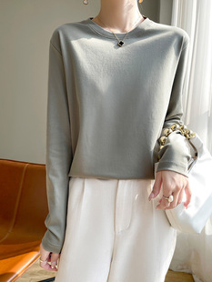 High-end Double-sided mercerized cotton Long-sleeved T-shirt Women's Crewneck T-shirt Long Velvet Cotton Loose Combed Cotton Top Base Shirt