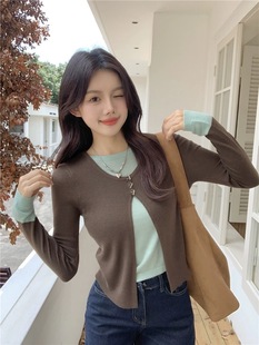 Fake Two-piece Contrast Color Stitching Long-sleeved Knitted Sweater Women's Autumn and Winter New Design Soft Waxy Slim-fit Slim-fit Trendy Top