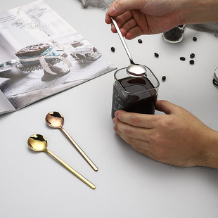 ins style 304 stainless steel small round spoon Golden long handle mini creative coffee spoon dessert milk tea stirring Internet celebrity spoon
