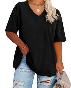 Cross-border European and American plus size women's clothing Amazon foreign trade spring and summer new solid color loose half sleeve V-neck T-shirt fashion top