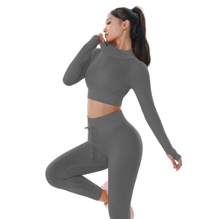 Трансграничный новый костюм для йоги два Sexy Fitness Wear Спортивная одежда с длинным рукавом в полоску сплошной цвет с высокой талией полосатые брюки