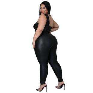 2021 New European and American chubby girl Foreign Trade plus size Women's Pants High Elastic Leather Tight Hip Sexy Two-piece Set