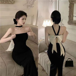 Black halter dress summer pure hot girl skirt sexy bow small slim-fit sheath split skirt