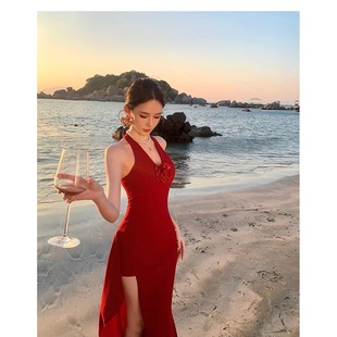 French High-end Red V-neck Halter Sling dress Women's Sexy Split Hip Dress Seaside Holiday Style