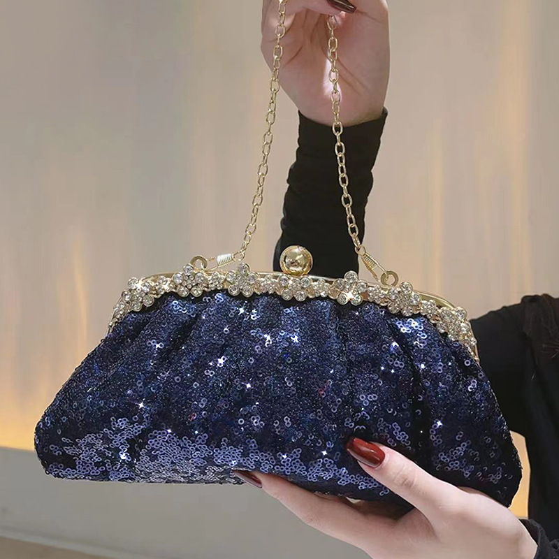 Autumn/Winter New Blue Clutch Bag 2025, Elegant Banquet Bag, Chain Bag, Sequin Bag, Annual Meeting Cheongsam Dress Bag