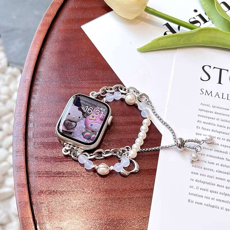 iWatch smart watch band for women, Chanel-style five-pearl watchband, metal watch strap.