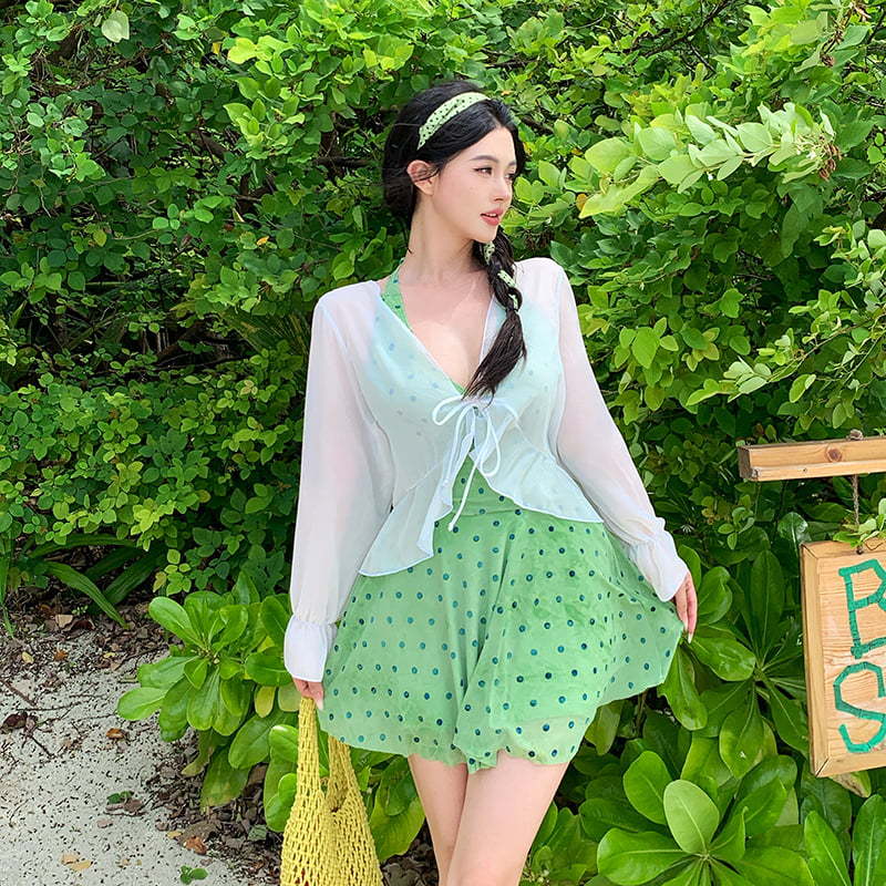 Deep V-Neck Halter-Style One-Piece Plus-Size Dress for Curvy Women, Tummy-Concealing and Slimming Long-Sleeve Cover-Up, Sun-Protective Vacation Beach Hot Spring Swimwear
