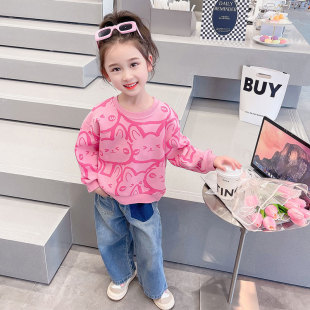 New Girls' Spring and Autumn Sweatshirt Cartoon Cute Printed Baby Girl Stylisic All-Match Round Neck Long Sleeve Mid-Big Boy Top
