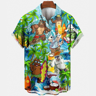 Cross-border Foreign Trade Men's Hawaiian Short-sleeved Lapel Cardigan Independent Station AliExpress Fresh Cartoon Printed Shirt
