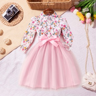 Spring and Autum New Style Girls' Long-Sleeved Lapel Floral Printed Mesh Dress with Woven Belt European and American Girl Princess Dress