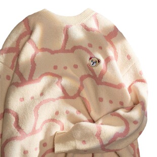 Cute bear soft Nuo pullover women's vintage Japanese sweater round neck top lazy style couple coat