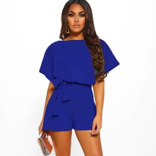 Ebay Aliexpress Aliexpress Summer Hot Sale Shorts Fashionable Pure Color Belt Short-Sleeved Jumpsuit