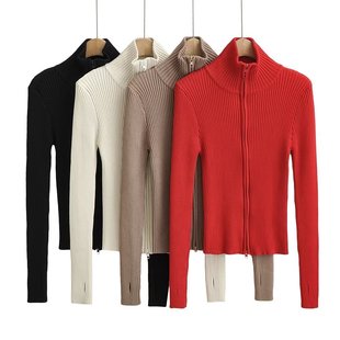 Early Autumn new European and American women's clothing fashion solid color turtleneck pullover zipper slim sweater sweater cardigan 10044