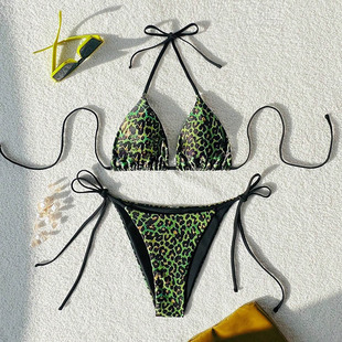 Amazon Foreign Trade Bikini Swimwear 2025 New European and American Leopard Print Lace-up Sexy Swimwear Women Bikini