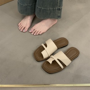 Roman Sandals and Slippers Women's Outer Wear Flat Shoes 2025 Spring and Summer New Square Toe Slip-on Beach Sandals