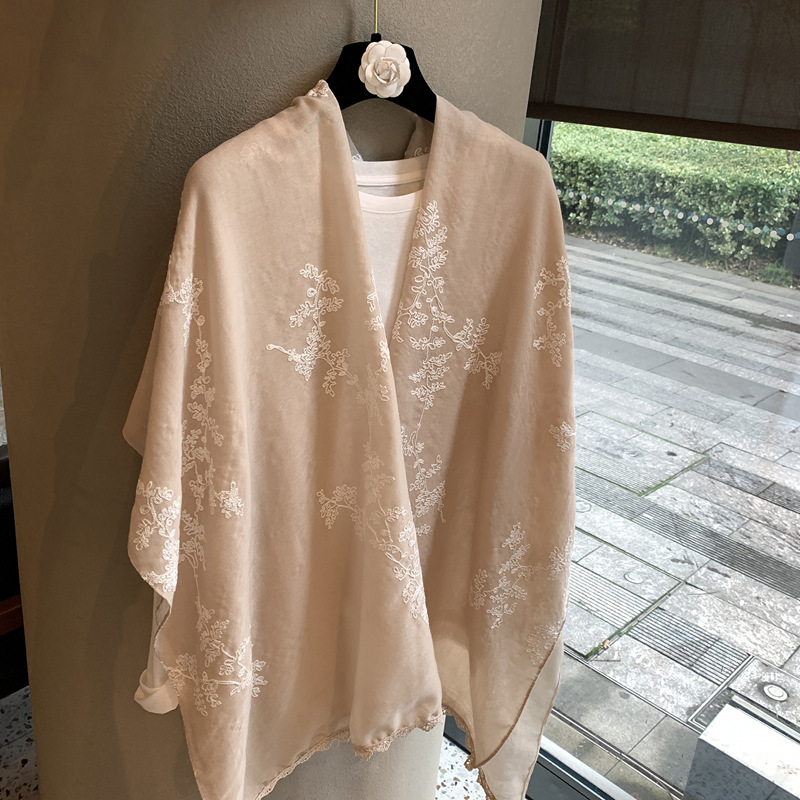Sun-Protective Breathable Cape, Floral Embroidered Shawl, Versatile and Fashionable Thin Silk Scarf, Comfortable Shawl for Outings