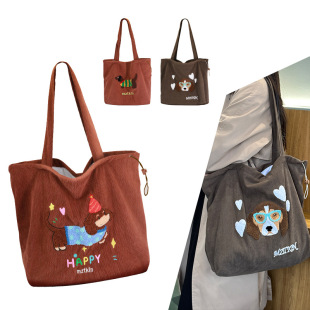 New Embroidered Tote Bag All-match Shoulder Bag Canvas Bag Large Capacity Student Class Commuter Corduroy Bag for Women