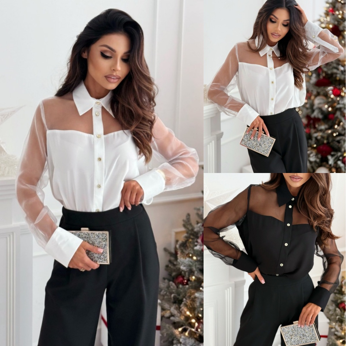 2024 Amazon AliExpress new spring and autumn elegant solid color lapel long sleeve mesh stitching shirt for women