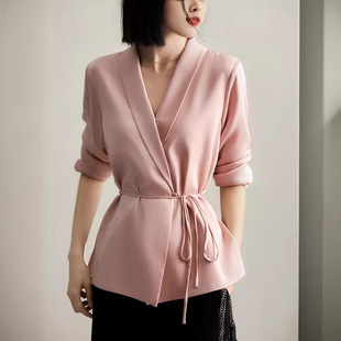 Simple and Comfortable Elegant Artistic Style Casual Heavy-weight Imitation Mulberry Silk Loose Tight Waist Slimming Design Sense Suit for Women