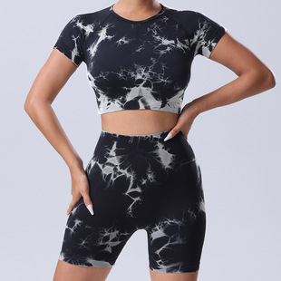 European and American Cross-border New Tie-dye Yoga Suit suit Hip-lifting Quick-drying Sports Fitness Tie-dye Short-sleeved Shorts Two-piece Set