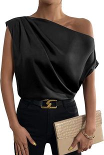 2024 Europe and America Amazon Cross-border Women's Spring and Summer Satin Solid Color Shoulder Asymmetric Collar Vest Blouse