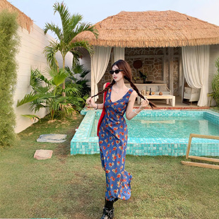 Seaside Vacation High-end Sense Blue Floral dress Children Summer 2025 New Explosions French Style Sleeveless Long Dress