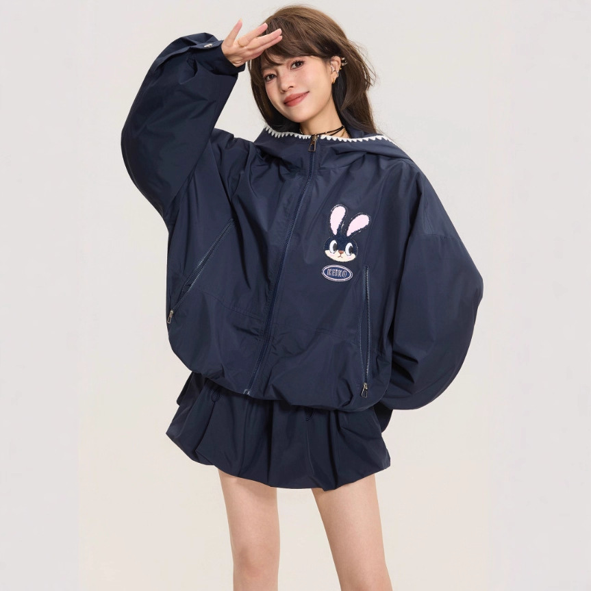2026 New Sweet Style Rabbit Ear Hooded Short Jacket Autumn Outdoor Casual Top with a Flower Bud Silhouette