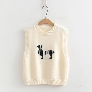 5835 lines cartoon puppy jacquard vest round neck loose fashion sweater two-piece suit