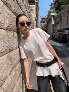 [9hour] Personality Design Irregular T-shirt Women's 2025 Summer Shoulder Pad Belt Short Sleeve Top Women's c830