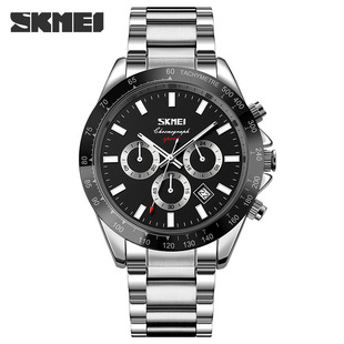 Time beauty men's multifunctional three-eye six-pin quartz watch male students waterproof steel band business watch factory wholesale