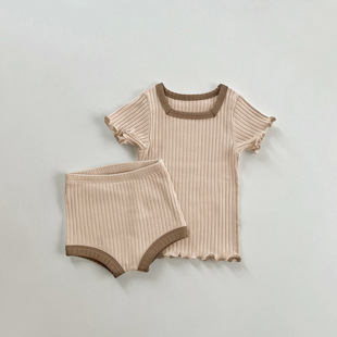Baby Summer Short-sleeved Shorts Suit Baby Cotton Pit Contrast Side Top + Triangle PP Pants Home Clothes Pajamas