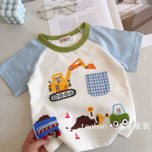Japanese-Style Children's Clothing! Spring New Boys' Excavator Cute Baby Top Thin Half-Sleeve T-Shirt Children's Short Sleeve