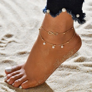 Europe and the United States cross-border foreign trade summer New ins fashion Imitation Pearl Digital 8 pendant double-layer anklet women's creative foot ornaments