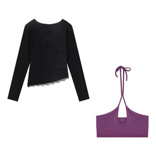 Pure Desire Style Lace V-neck Long-sleeve Tight T-shirt Women's Spring and Autumn suit Neck Camisole Top Two-piece Set