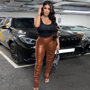 European and American Ins Style PU Leather Pants Women's Sexy Tight Fashion Cross-border Pants High Waist Pants Leather Pants Women's PK40