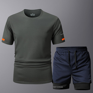 Cross-border European Code Two-open Sports Quick-drying T-shirt Shorts Men's Trendy Summer Men's Thin Fitness plus size