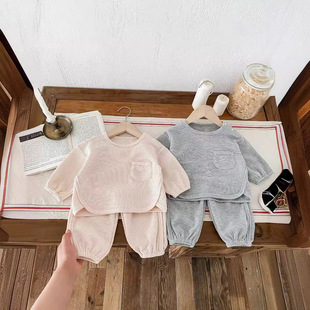 Baby's Autumn Waffle suit Baby's Autumn Clothes Western Style Long Sleeve Top Casual Trousers Two-Piece Set for Men and Women