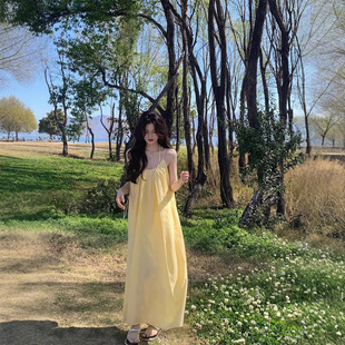 French Yellow Sling dress Women's Clothing Summer Seaside Vacation Wear Skirt Loose A- Line Skirt Long Skirt