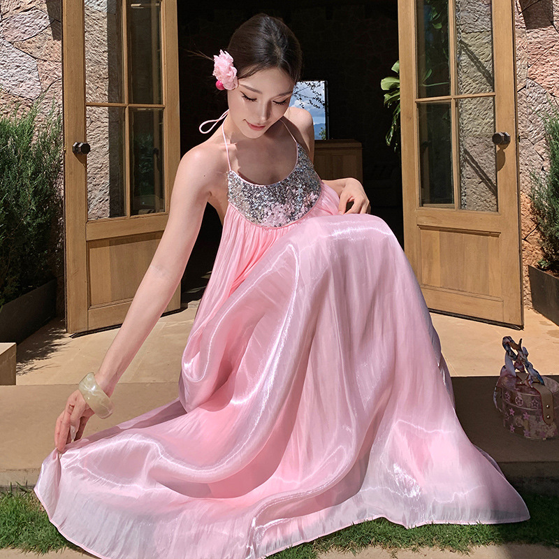 Halter Neck Dress, Accessible Luxury and High-End Engagement Birthday Dress, Heavy Beading, Sequins, Gilt Satin Holiday Dress