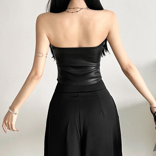 European and American-style Cross-border 2024 Autumn and Winter New Women's Solid Color Slim-fit Street Fashion One-character Collar Chest-wrapped Backless Vest