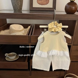 Cream [Summer New Product] Custard Bun! Children's Clothing Baby Girl Ruffled Vest Short Vest Polka Dot Pants Suit