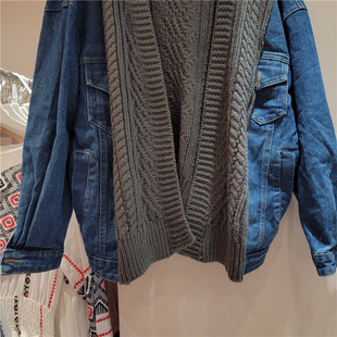 European station 2023 Spring and Autumn New Korean style loose sweater stitching Denim coat women's long sleeve short knitted cardigan