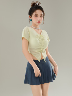 2025 Summer New Style Split Swimsuit Women's Pure Desire Drawstring V-neck Short-sleeved Fresh Style Vacation Hot Spring Swimsuit