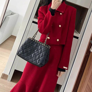 In stock factory wholesale New High JI sense small y dress socialite Chanel style red fishtail skirt two-piece suit for women