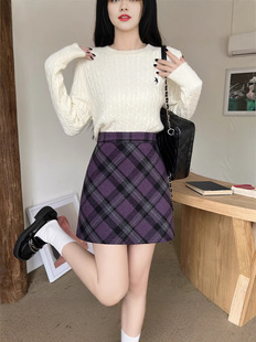 plus size Vintage High Waist Wool Plaid Skirt Women's Autumn and Winter New Thickened Hip A- Line Purple Plaid Skirt