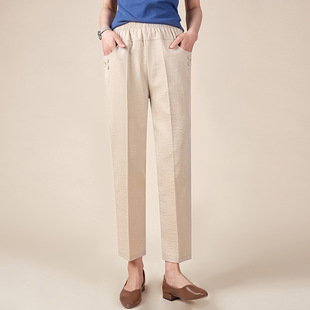 Middle-aged and elderly women's pants summer thin elastic high waist straight pants middle-aged mother's pants cotton and linen casual cropped pants