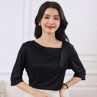 Acetic acid swing collar T-shirt 2025 summer new women's loose top sweet wind thin knitted short sleeve plus size wholesale