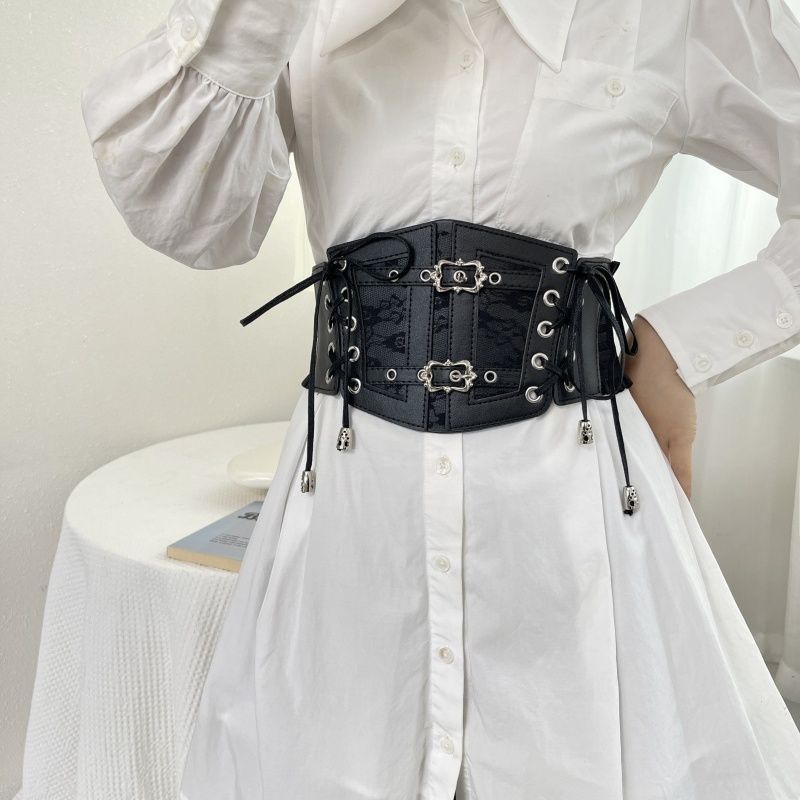 European and American Retro Black Lace Strap Leather Waist Seal Women's Decorative Fashionable Outer Wear Wide Waist Belt