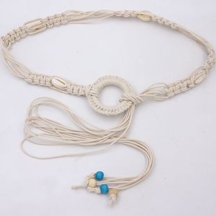 Женское декоративное платье с тканым поясом, винтажная Модная рубашка из хлопка и льна с узлом и цепочкой на талии